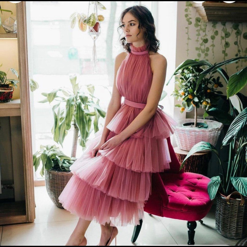 Beautiful pink tulle midi dress! Fits like XS, see description for measurements.